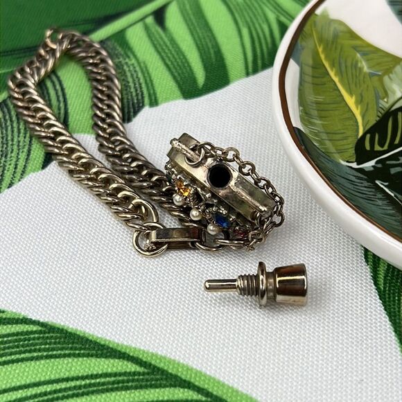Vintage Gold Link Bracelet With Multi-Color Gem Perfume Holder Charm - Picture 2 of 12